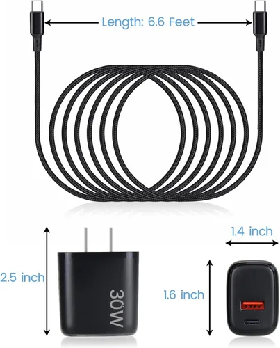 Vista 5 de Cargador rápido USB C PD de 30 W para DJI Neo, Mini 4K, 4 Pro, Air 3S Drones, negro Cargador de pared USB de doble puerto + tipo C con cable