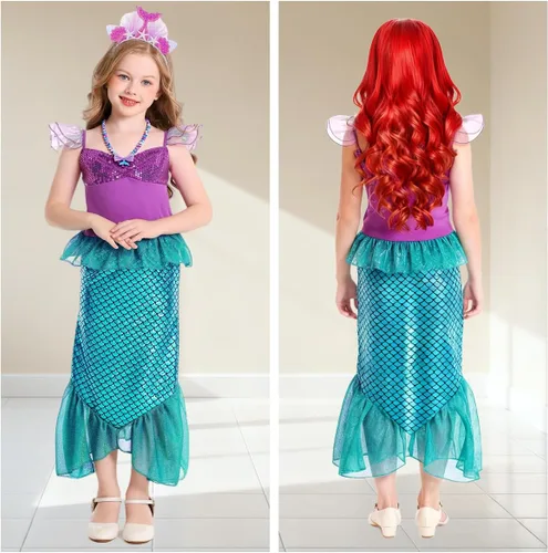 Vista 2 de ALIZIWAY Disfraz de sirena para niñas, Ariel, princesa, cumpleaños, Halloween, cosplay, con accesorios para peluca