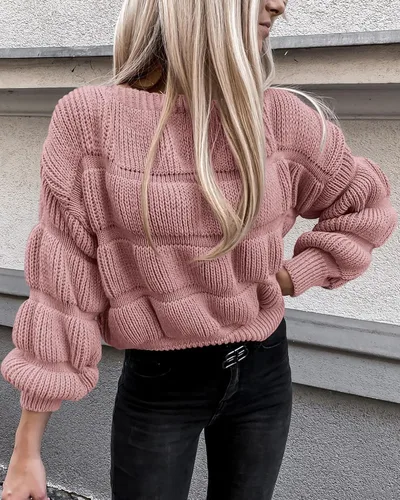 Vista 4 de PRETTYGARDEN Suéteres de otoño 2024 para mujer, estilo casual, cuello redondo, manga larga, holgados, lisos, de punto grueso, linda blusa