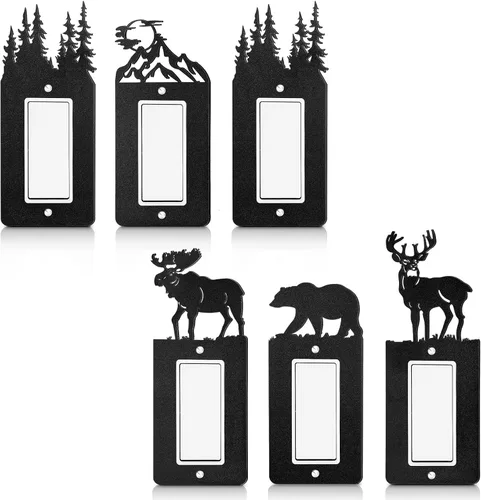 Vista 7 de Lothee 6 piezas de placa de metal para interruptor de luz de oso, alce, árbol, montaña, alce, bosque, placa de salida, cubierta de pared