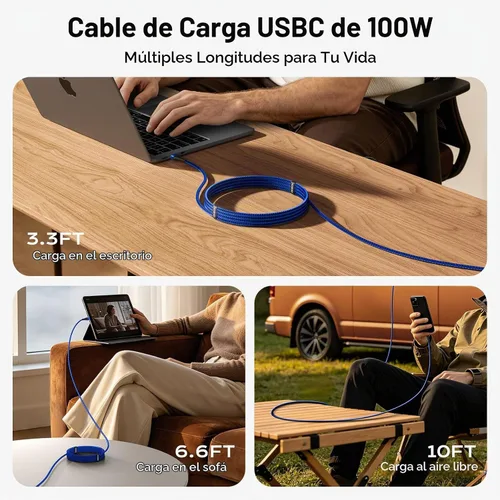 Vista 8 de Cable USB C a USB C de 100 W, paquete de 3 cables USB C a C de carga rápida Azul