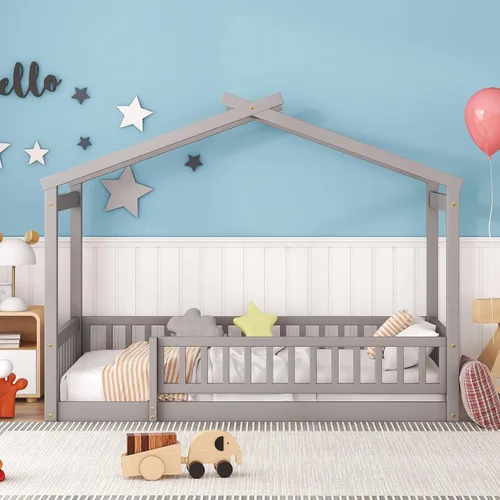 Vista 4 de MERITLINE Cama individual Montessori para niños, marco de cama individual Montessori con rieles y techo, no necesita somier, para niños, Gris