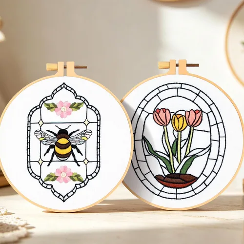 Vista 7 de Armindou Kits de bordado de flores y abejas para adultos principiantes, juego de bordado floral a mano con aguja, kits de punto de cruz estampado