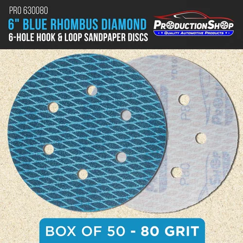 Vista 2 de ProductionShop Premium - Discos de lijado azules con forma de rombo de grano 80 de 6 pulgadas, 6 agujeros, caja de 50 – Papel de lija sin polvo