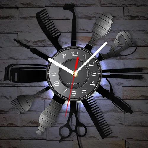 Vista 4 de Reloj de pared con herramientas de peluquería de 12 pulgadas con 7 colores cambiantes, reloj de pared para peluquería y negocios, reloj de pared