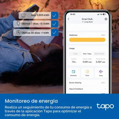 Vista 7 de Tapo TP-Link - Bombillas inteligentes, 800 lúmenes (equivalente a 60 W), bombilla LED blanca cálida suave de 2700 K, regulable, compatible con Alexa