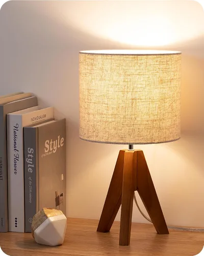 Vista 11 de EDISHINE Lámpara de mesa pequeña estilo Boho, lámpara de mesa de madera color nogal con trípode, lámpara de mesita de noche estilo granja