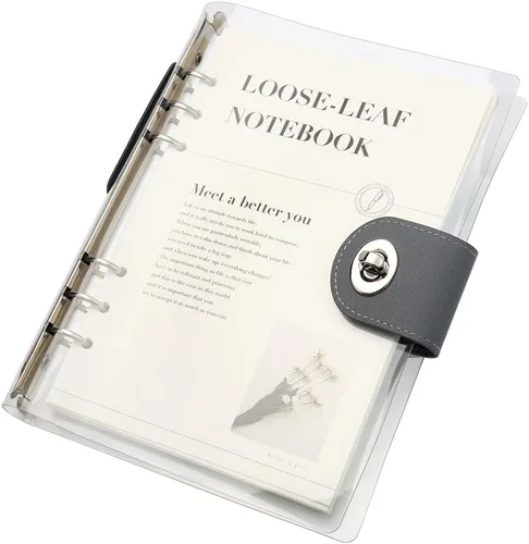 Vista 7 de Carpeta de cuaderno rellenable transparente A5 con 90 hojas de papel rayado en negro, cubierta protectora de PVC transparente suave con 6 anillas