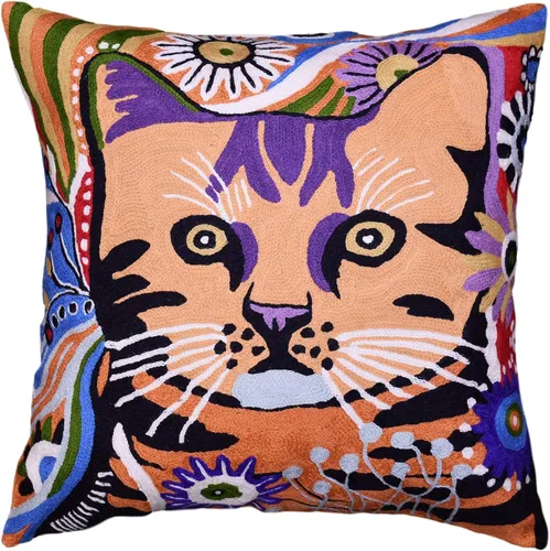 Vista 18 de Funda de almohada lumbar Picasso - Cojín abstracto de gatitos azules - Lana bordada a mano tamaño 14 x 20 Almohada lumbar Blue Cats