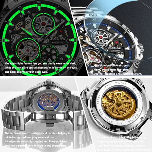 Vista 6 de Relojes automáticos para hombre, cuerda automática mecánica, esfera de esqueleto, resistente al agua a 30 ATM, con correa de acero inoxidable, reloj