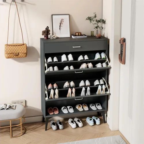 Vista 10 de Zapatero moderno con 2 cajones abatibles, organizador multifuncional de almacenamiento de zapatos de 3 niveles con cajones, zapatero independiente