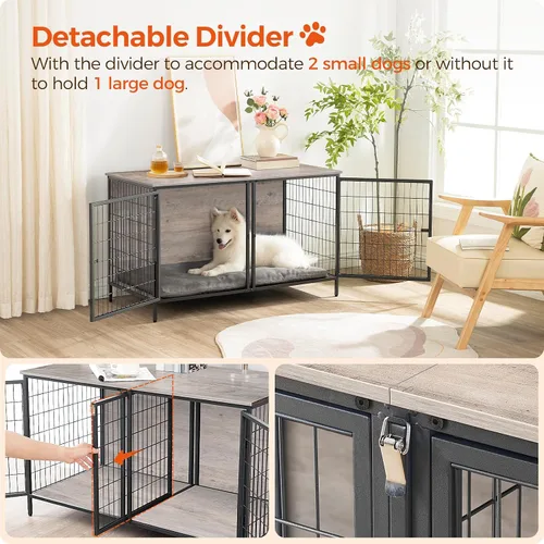 Vista 4 de MAHANCRIS Mueble de jaula para perros para 2 perros, perrera de 43.3 pulgadas con divisor extraíble, muebles para perros resistentes y resistentes