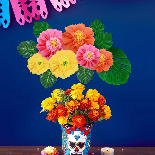 Vista 5 de Canlierr Paquete de 40 suministros de decoración de fiesta tropical, papel de seda grande, flores de hibisco, hojas de palma sintéticas, juego