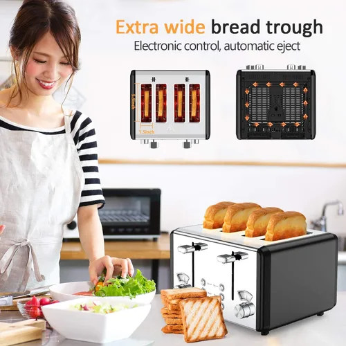 Vista 3 de whall 4 Slice Touch Screen Toaster, Stainless Steel Toasters Digital Timer, Dual Control Panel Toasters，6 Shade Settings＆6 Bread Types, Smart Wide