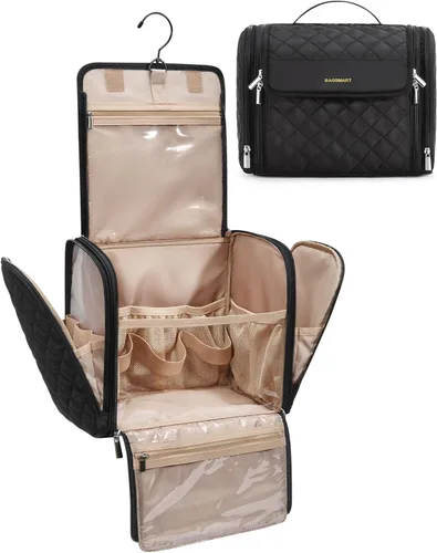 Vista 21 de BAGSMART Neceser de viaje para maquillaje con gancho para colgar, bolsa de cosméticos, organizador de gran capacidad, resistente al agua, para Beige