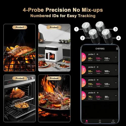 Vista 2 de Termómetro inalámbrico digital para carne, 4 sondas – Termómetro Bluetooth de cocina de alimentos de 800 pies, sensores duales con precisión