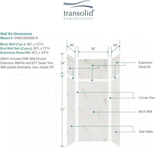Vista 4 de Transolid EWKX363696-41 Expressions - Kit de pared de ducha de 6 paneles con extensión, 36 pulgadas de largo x 36 pulgadas de ancho x 96 pulgadas