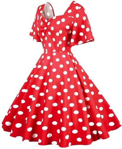 Vista 2 de Women Vintage 1950s Dress Polka Dot Ruched U Neck Puffy Short-Sleeved Dress A line Cocktail Party Dresses