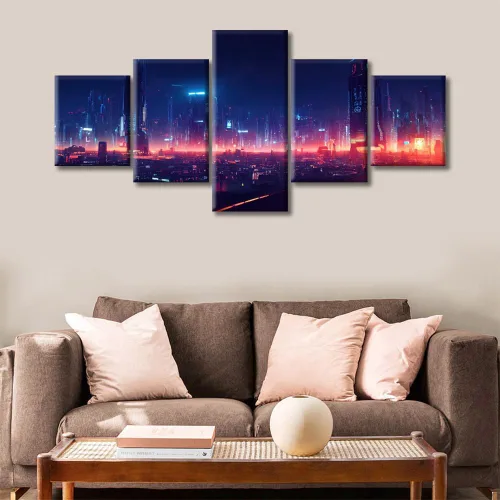 Vista 130 de Cuadros de 5 paneles de Cyberpunk City, arte de pared, representación de vallas publicitarias, edificios modernos en la capital con obras de arte