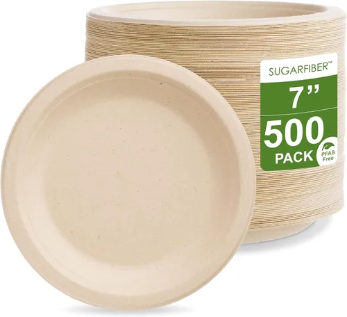 Vista 14 de Bagasse Platos redondos, desechables, de fibra de caña de azúcar natural (bambú), de 9 pulgadas, ecológicos, que pueden transformarse en abono.
