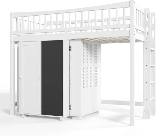 Vista 3 de SOFTSEA Twin Size Loft Bed with LED Lights & Storage Shelves, Antique White