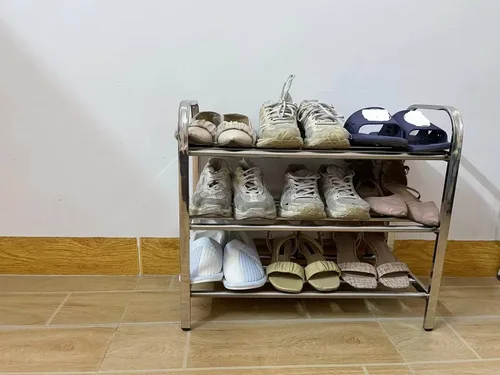 Vista 3 de Zapatero de acero inoxidable, 3 niveles independientes, 9 pares de estantes de zapatos, organizador para entrada, armario, dormitorio