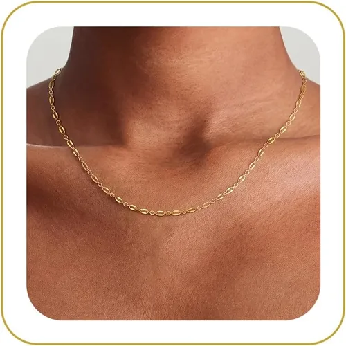 Vista 17 de Tewiky - Collar de Cadena de Oro para Mujer, Chapado en Oro de 14 Quilates, Collar de Cuentas Finas con Forma de Ola, Collar Delicado de Oro Capa