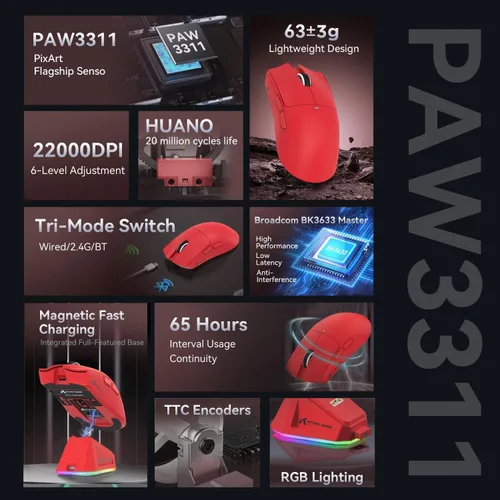 Vista 3 de ATTACK SHARK X11 Ultra-Ligero ratón para videojuegos de triple modo con sensor óptico PAW3311 de 22K DPI, 5 botones programables con soporte de Rojo