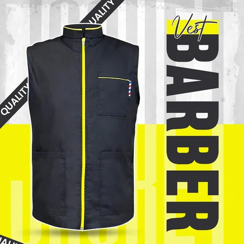 Vista 3 de Chaqueta profesional de peluquero para hombre, sin mangas, color negro, con 2 bolsillos para herramientas de peluquero y cremallera unidireccional