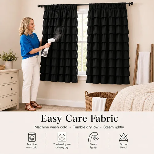 Vista 3 de Cortinas negras con volantes, 2 paneles, paneles de ventana con volantes de 12 capas, cortinas de estilo rústico para dormitorio, baño, bolsillo