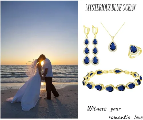 Vista 4 de LMXXVJ Juego de collar y aretes largos, chapados en oro blanco, juego de joyas de zafiro azul creado, joyería de regalo para boda, fiesta, joyería