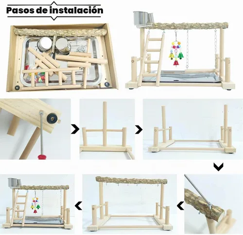 Vista 6 de PINVNBY Parque infantil para pájaros, soporte de madera para ejercicio, perca, gimnasio, escalera, con comedero, columpio, juguetes para periquitos