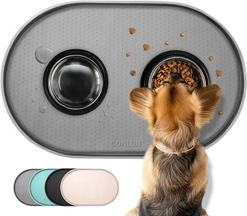 Vista 15 de Tapete de silicona para comida para perros con bolsillo lateral y agujero de gancho, bordes elevados suaves, fácil de limpiar, impermeable, Gris