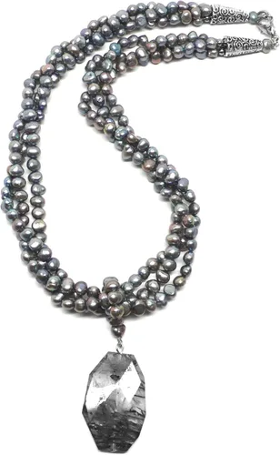 Vista 2 de Collar de triple hebra con perlas cultivadas de cuarzo rutilado grueso facetado