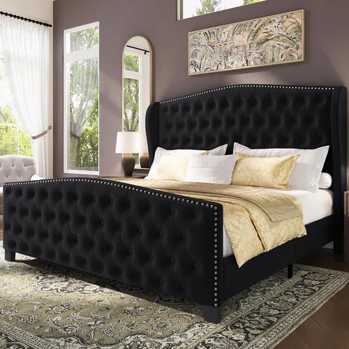 Vista 13 de BRELTAM Marco de cama tapizado tamaño Queen en terciopelo color beige con cabecera y pie de cama acolchados con botones profundos y soporte