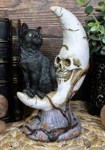 Vista 7 de Ebros Gift Hora de brujas realista Halloween gato negro sentado en luna creciente calavera figura con ojos de cristal, brujas, Wicca, gatos felinos
