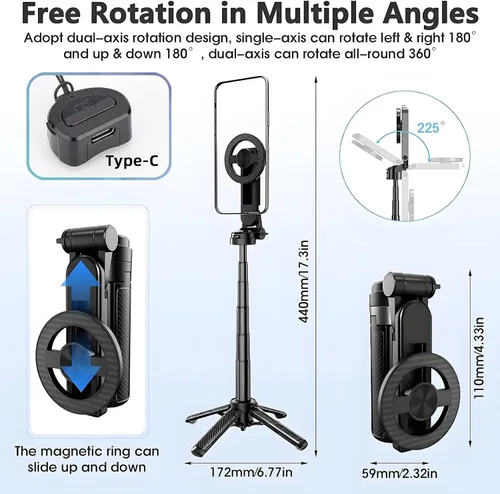 Vista 6 de Palo selfie magnético 4 en 1 con rotación de 360° multifuncional con control remoto inalámbrico desmontable para iPhone y Android, soporte