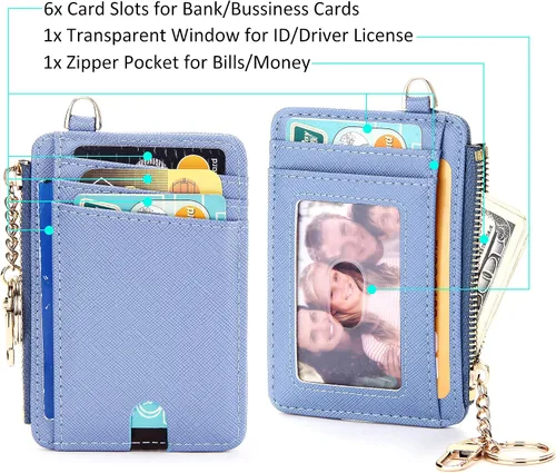 Vista 5 de KUKOO Cartera delgada minimalista RFID con bolsillo frontal para mujer, monedero con llavero y caja de regalo