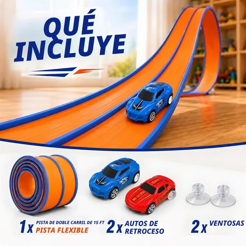 Vista 5 de 15FT Race Track, 2 High-Speed Pull Back Cars, Fits Hot Wheels Cars 15FT flexible double-lane track with 2 suction cups and 2 high-speed pull-back