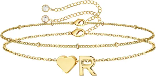 Vista 28 de M MOOHAM Pulseras de oro con inicial de corazón para mujer, pulseras con dije de letra A-Z de corazón dorado en capas para mujer, pulseras