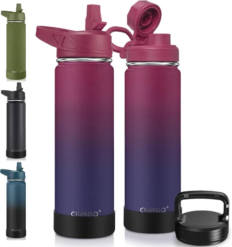 Vista 61 de CIVAGO Botella de agua aislada de 22 onzas con pajita, frasco de agua deportiva de acero inoxidable con 3 tapas