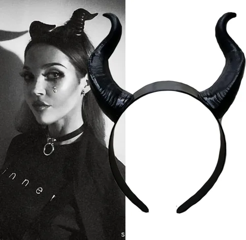 Vista 4 de L'VOW Diadema gótica de cuernos de maléfica, tocado con orejas de maléfica, accesorios de disfraz de Halloween