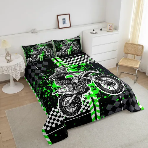 Vista 4 de Feelyou Kids Green Dirt Bike Duvet Insert Twin Size, Extreme Sports Comforter Set Boys Girls Motorbike Bedding Set Teens Bedroom Decor Microfiber