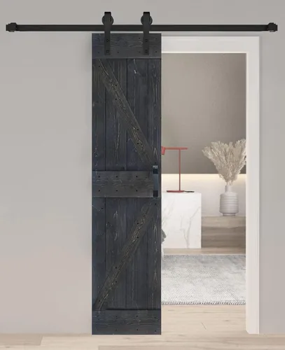 Vista 15 de Serie K. Puerta corredera de granero de madera maciza acabada con kit de herrajes (marrón/nogal, 24 x 84 pulgadas)