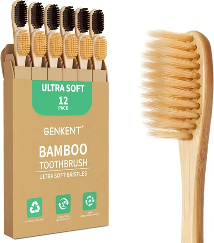 Vista 8 de GENKENT Cepillos de dientes de bambú con cerdas medianas para adultos, paquete de 12, cerdas de 0.008 in