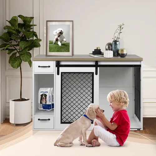 Vista 4 de Jaula Grande para Perros, Jaulas para Perros Medianos, Caseta para Perros de 47.2" para Interiores con Cajones, Comederos y Almacenamiento, 2