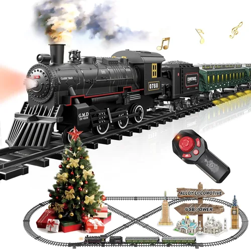 Vista 13 de Juego de tren para niños con control remoto, juguetes de tren con locomotora de vapor, tanque de combustible y pistas de lujo, trenes eléctricos