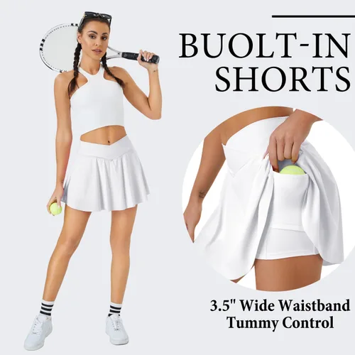 Vista 4 de Falda de tenis para mujer con bolsillos, pantalones cortos cruzados de cintura alta, faldas atléticas para golf, correr, entrenamiento