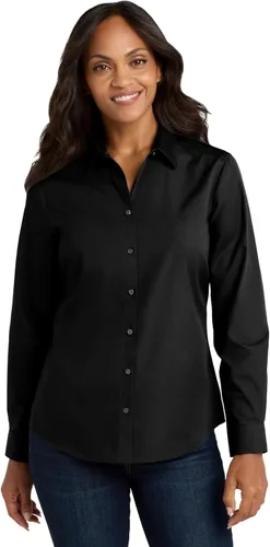 Vista 10 de Port Authority Camisa de popelín con manga larga y botones sin preocupaciones para mujer