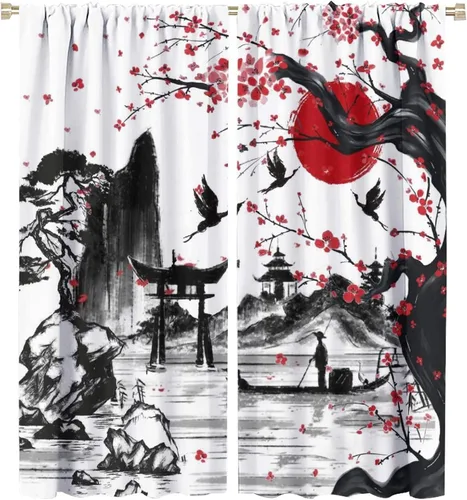 Vista 9 de Cortinas opacas con bolsillo para barra de arte asiático japonés para dormitorio, diseño de anime azul, océano, fantasía, cielo estrellado, Torii